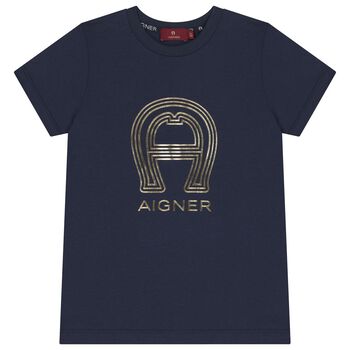 Boys Navy Blue & Gold Logo T-Shirt