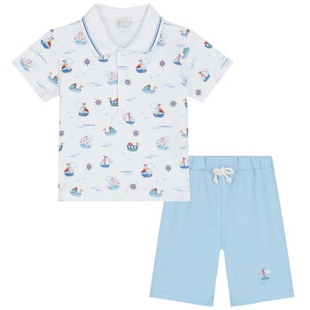 Baby Boys White & Blue Boats At Sea Shorts Set