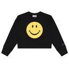 Girls Black Smiley Sweatshirt, 1, hi-res