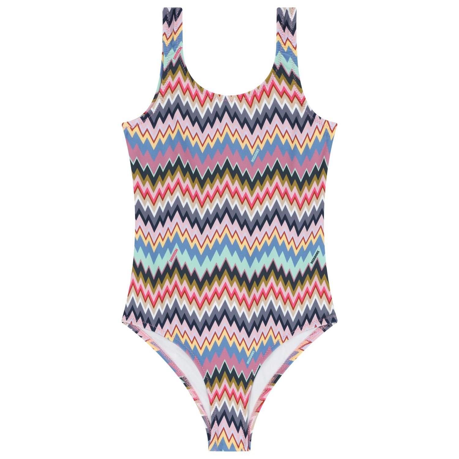 Girls Pink Multicolor Zigzag Swimsuit, 1, hi-res