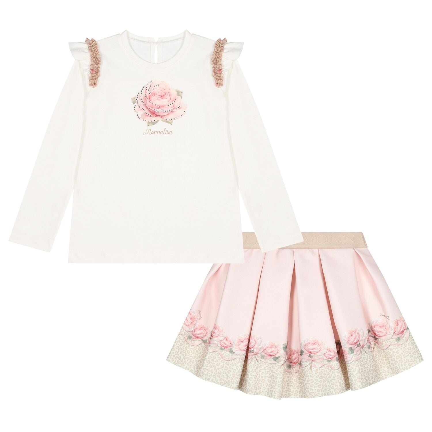 Girls Ivory & Pink Rose Skirt Set, 1, hi-res