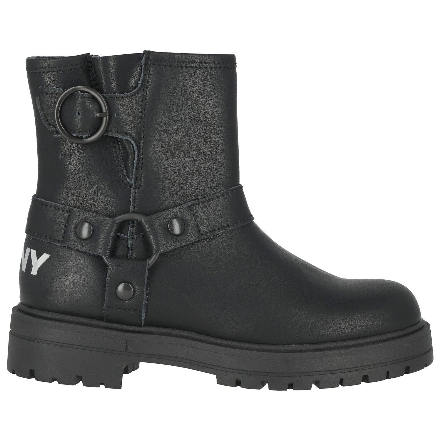 Girls Black Logo Leather Boots, 1, hi-res