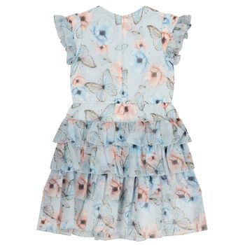 Girls Blue Floral & Butterfly Tiered Dress