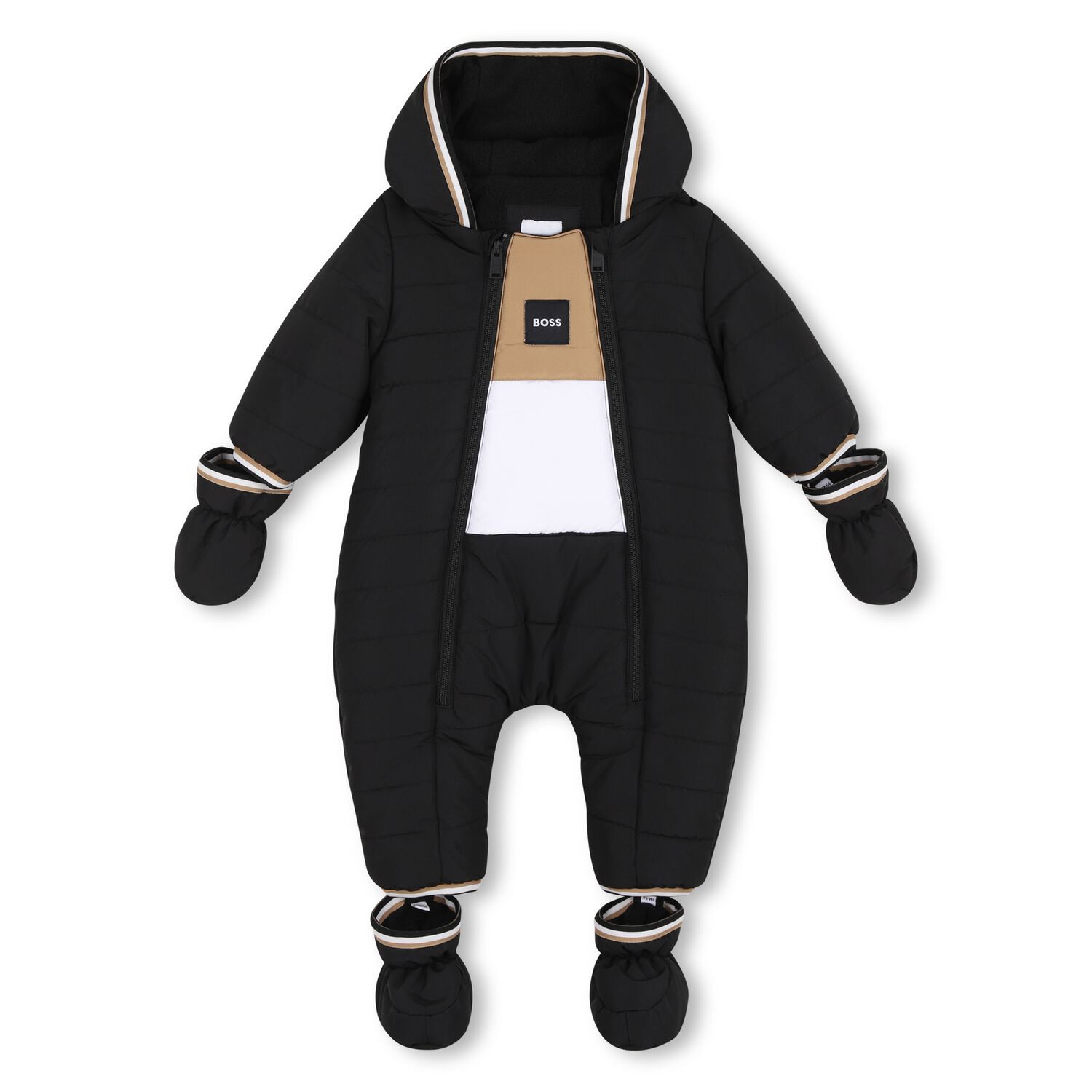 Baby Boys Black Logo Padded Snowsuit, 1, hi-res