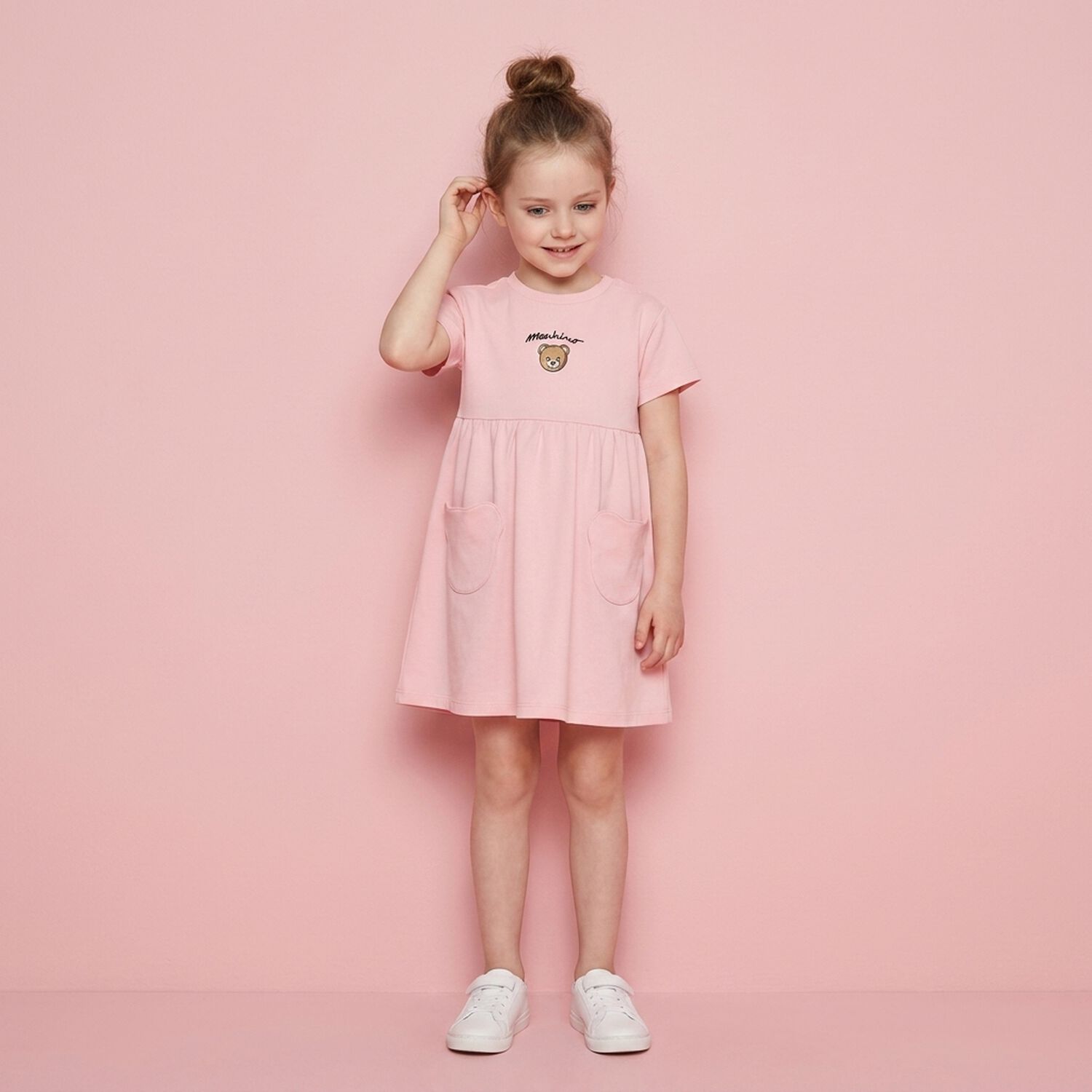 Younger Girls Pink Teddy Bear Logo Dress , 1, hi-res