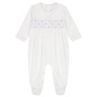 Baby Boys White & Blue Hand Smocked Babygrow, 1, hi-res