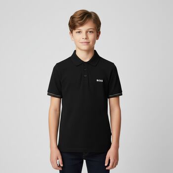 Boys Black Logo Polo Shirt, 2 Boys Black Logo Polo Shirt