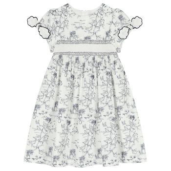 Girls White & Navy Blue Smocked Dress