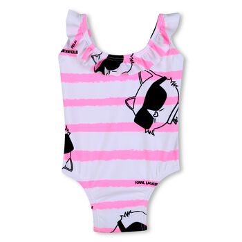 Girls White & Pink Choupette Stripe Swimsuit