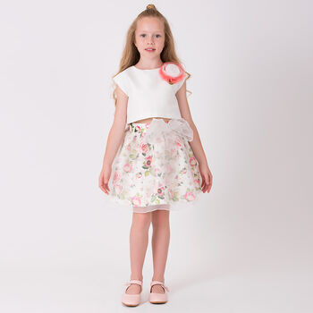 Girls Ivory & Pink Flower Skirt Set