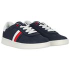 Boys Navy Blue Logo Leather Trainers, 1, hi-res