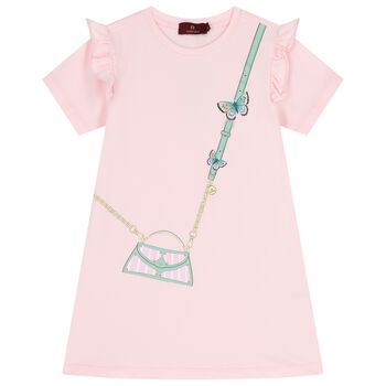 فستان بناتي باللون الوردي مزين بشعار الحقيبة