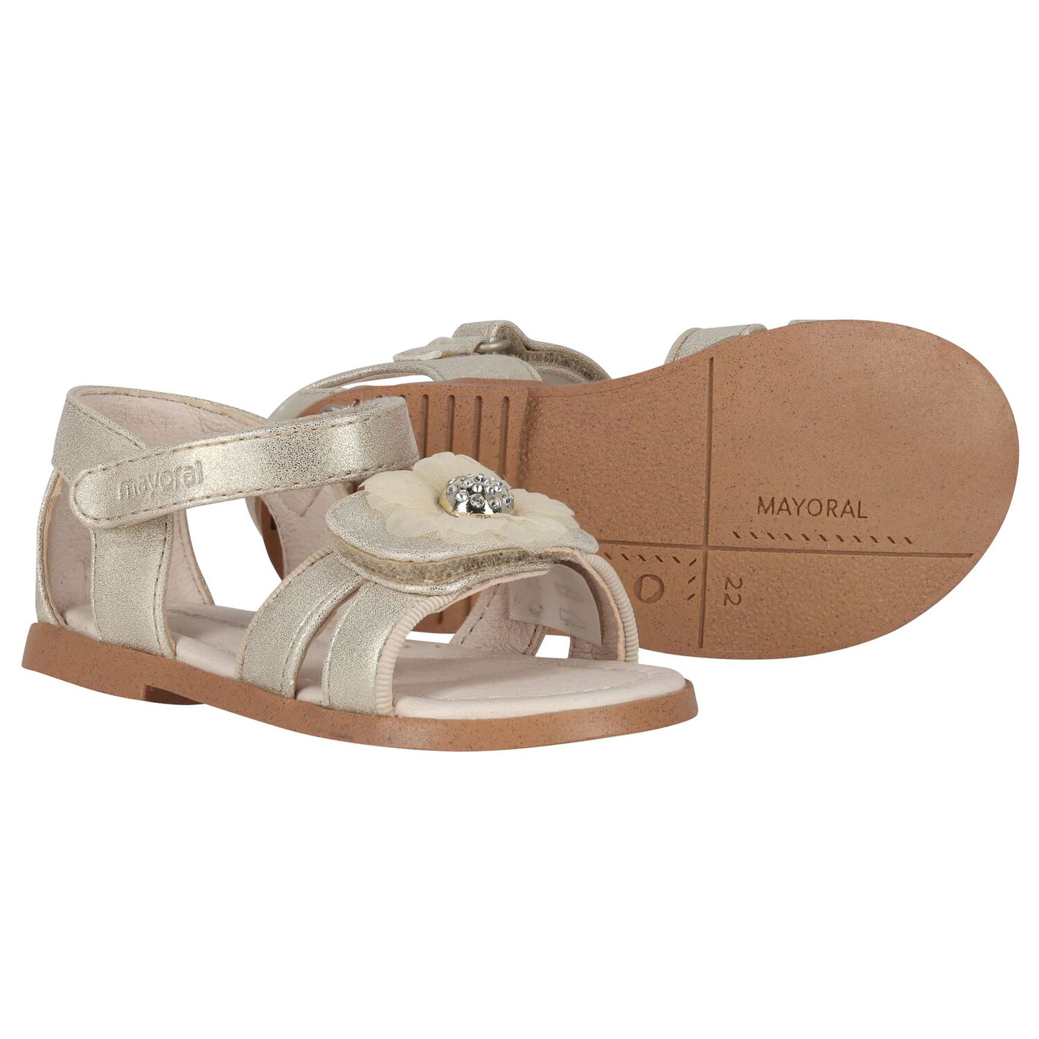 Girls Gold Flower Sandals, 1, hi-res
