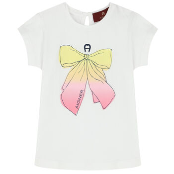 Younger Girls White Bow Logo T-Shirt