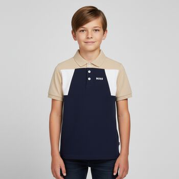 Boys Navy Blue & Beige Polo Shirt, 1 Boys Navy Blue & Beige Polo Shirt
