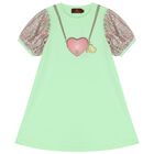 Girls Green Logo Heart Dress, 1, hi-res