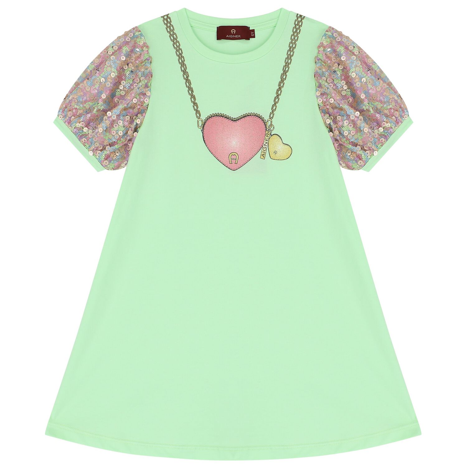 Girls Green Logo Heart Dress, 1, hi-res