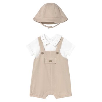 Baby Boys Beige & White Dungaree & Hat Set