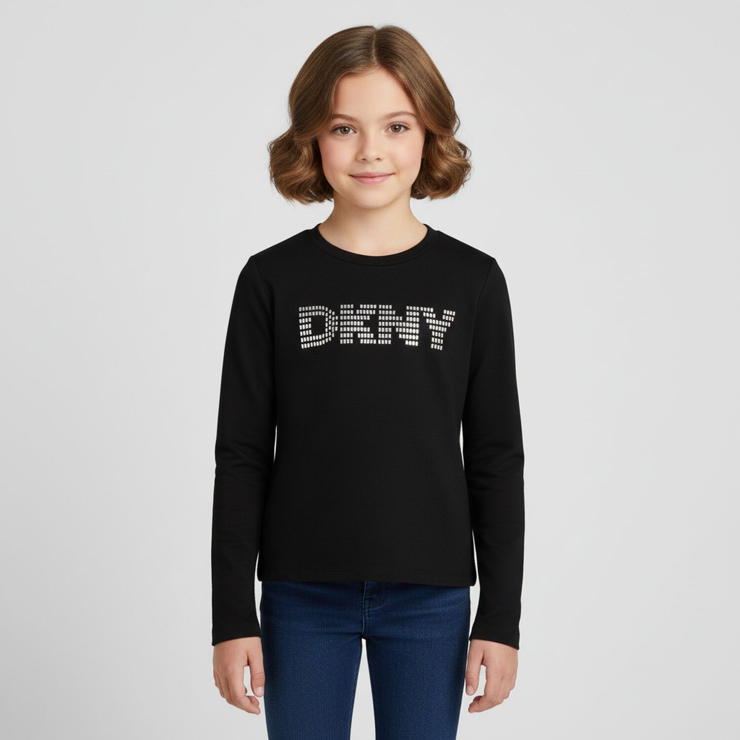 Girls Black Embellished Logo Long Sleeve Top, 1, hi-res