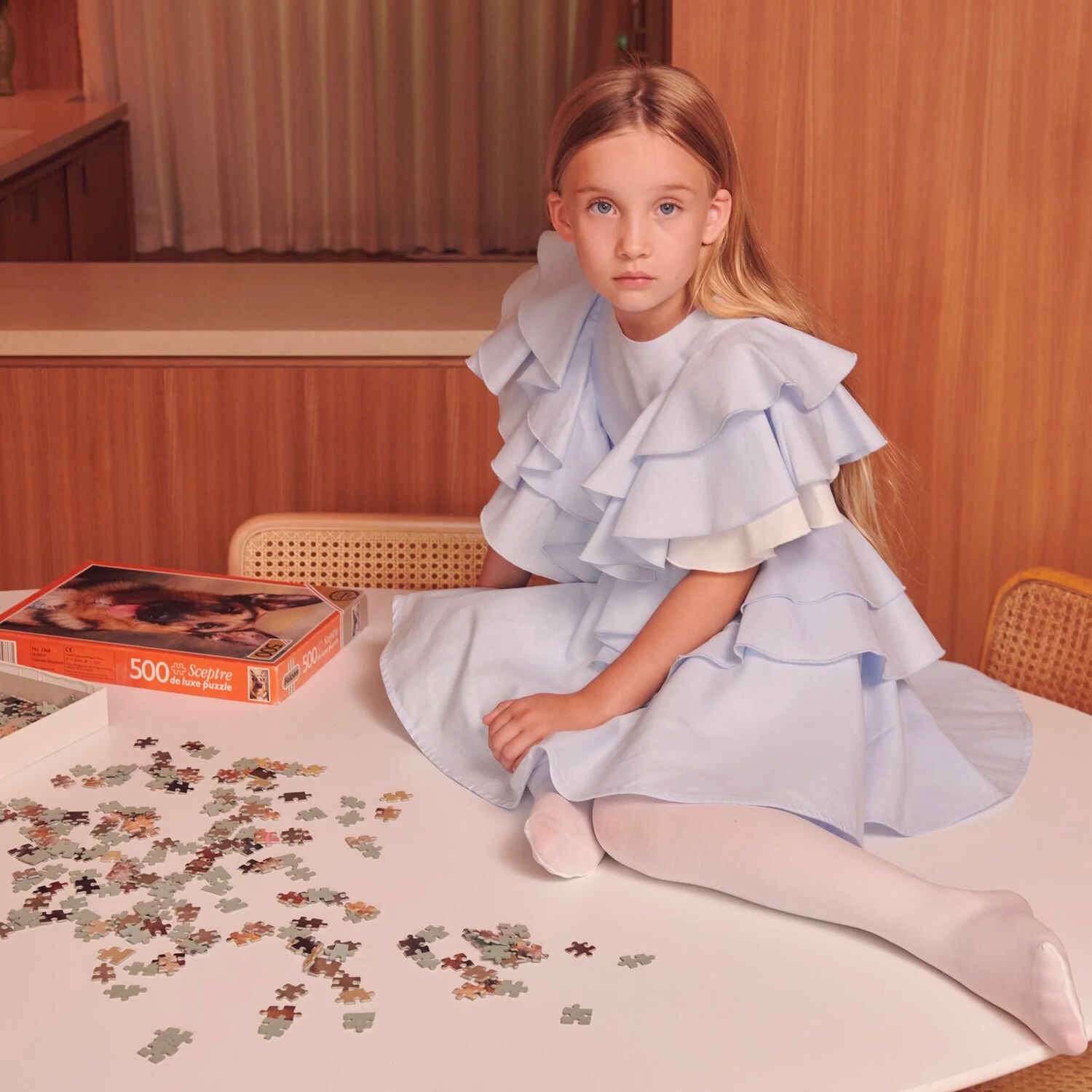 فستان مكشكش باللون الأزرق والأبيض , 1, hi-res