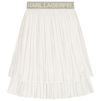 Girls Ivory Logo Pleated Skirt