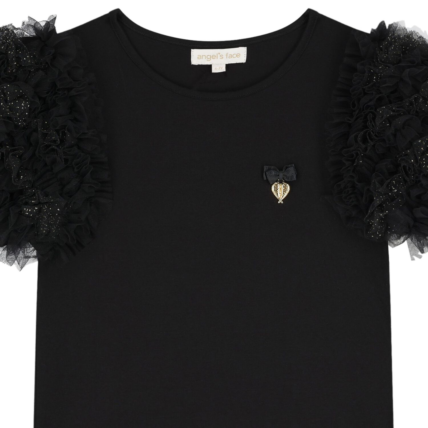 Girls Black Tulle Sleeve T-Shirt, 1, hi-res