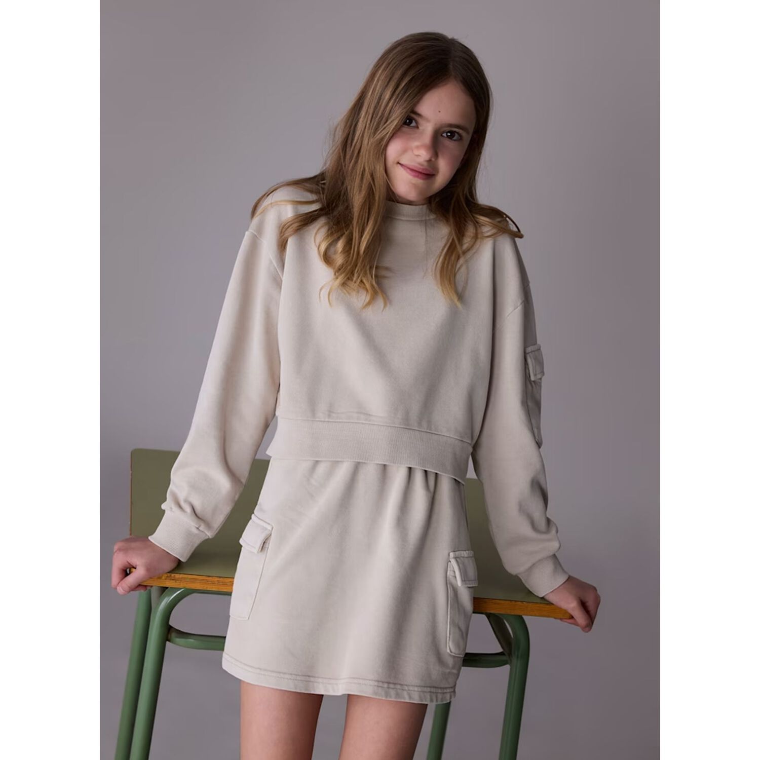 طقم تنور بنات كارجو باللون الرمادى, 1, hi-res