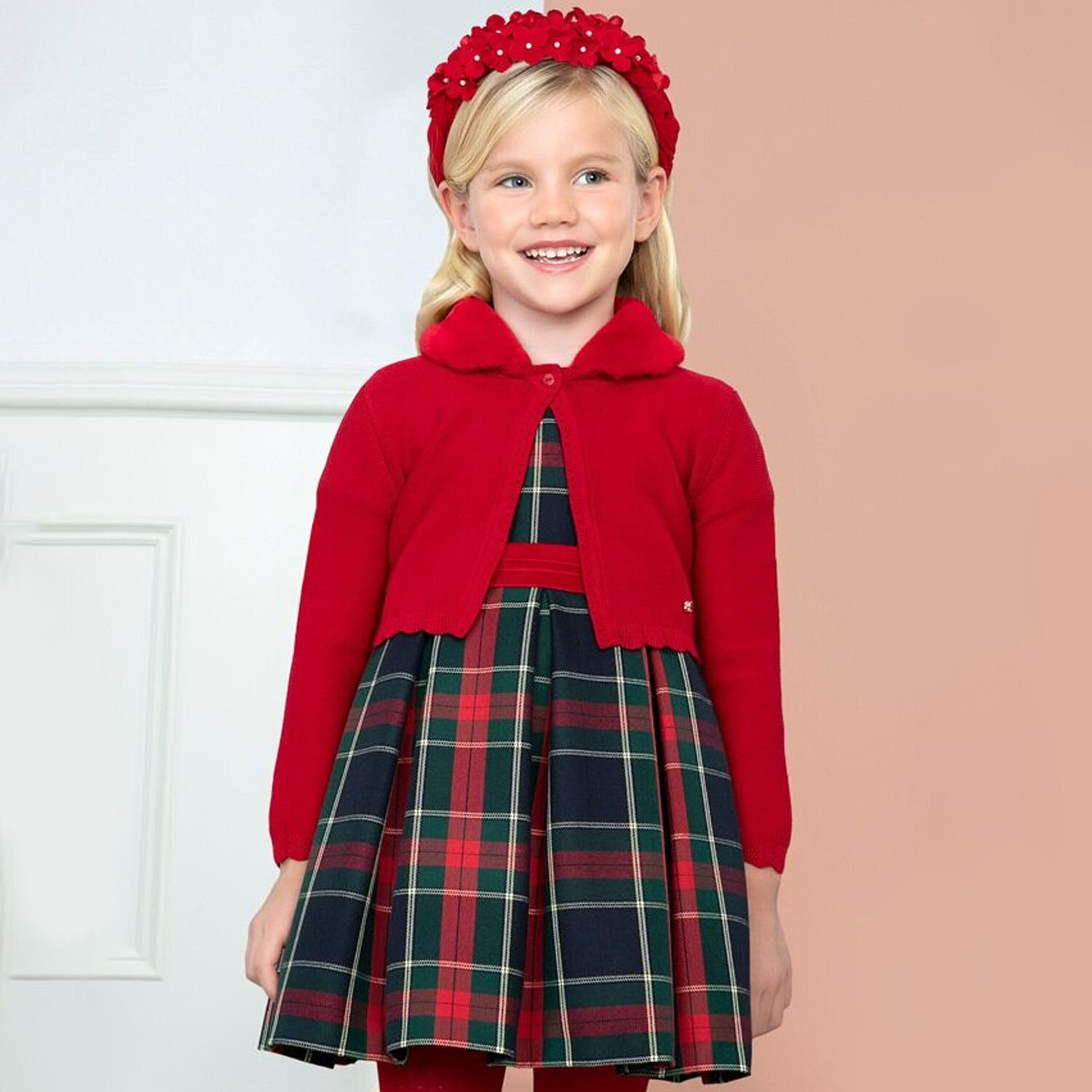 Girls Red Faux Fur Collar Cardigan, 1, hi-res image number null