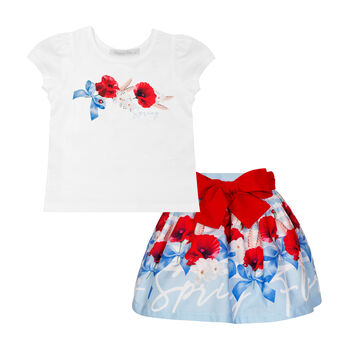 Girls White & Blue Floral Skirt Set