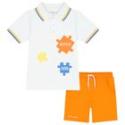 Boys White & Orange Logo Shorts Set, 1, hi-res