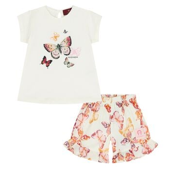 Younger Girls Ivory & Orange Butterfly Shorts Set