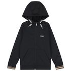 Boys Black Logo Hooded Zip Up Top, 1, hi-res