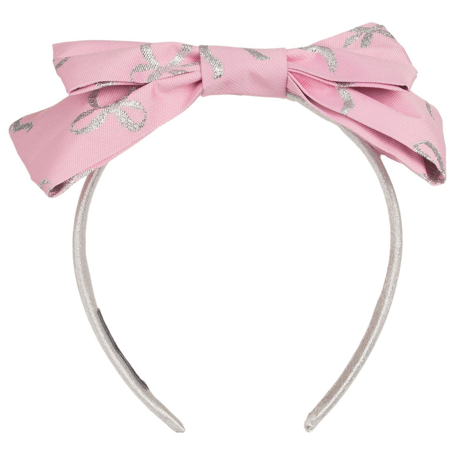 Girls Silver & Pink Bow Headband, 1, hi-res