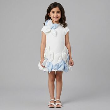 Girls White & Blue 3D Petal Dress