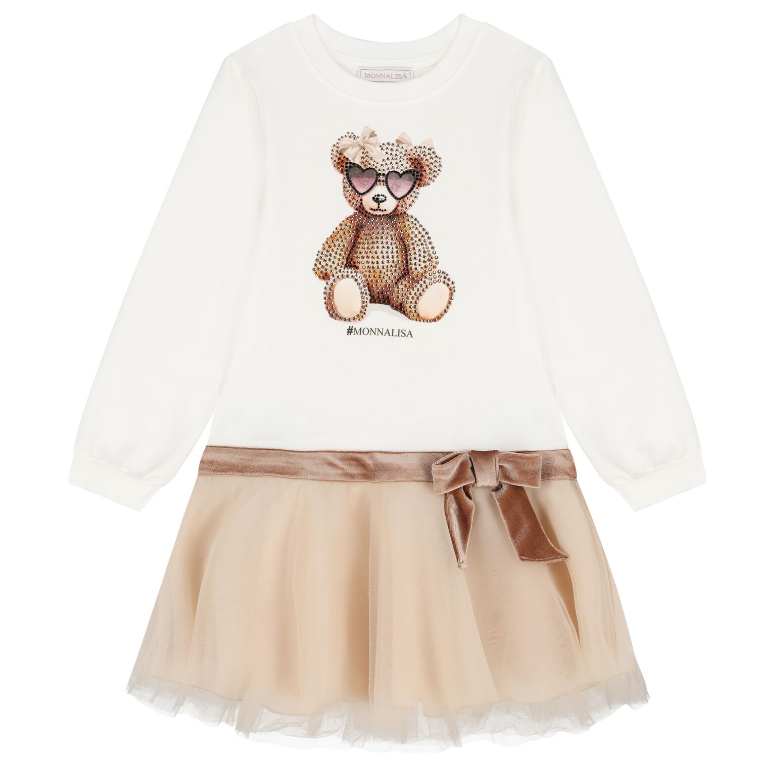 فستان بنات بطبعه تيدى بير باللون العاجى والبيج , 1, hi-res