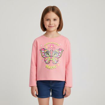 Girls Pink Butterfly Long Sleeve Top