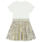 Girls Ivory & Gold Logo Sequin Dress, 2, hi-res