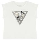 Girls White Sequin Logo T-Shirt , 1, hi-res