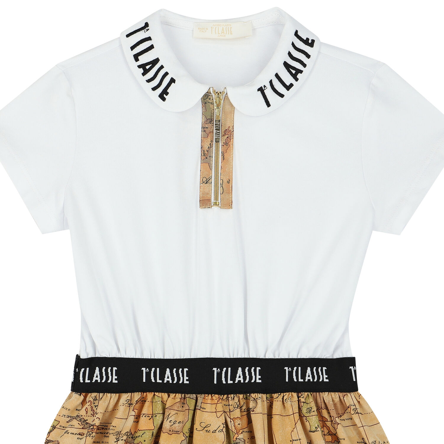 فستان بنات بولو مخطط  بطبعة خريطة باللون الأبيض والبيج , 1, hi-res