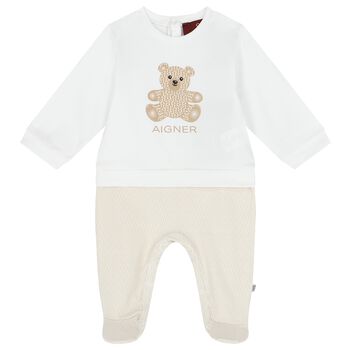 White & Beige Teddy Bear Logo Babygrow