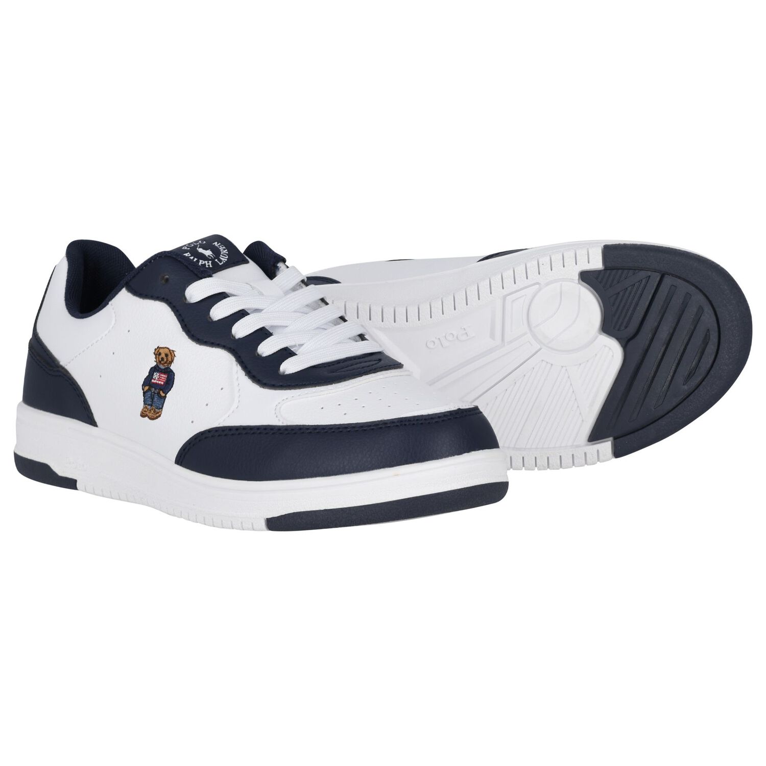 Boys White & Navy Blue Logo Trainers, 1, hi-res