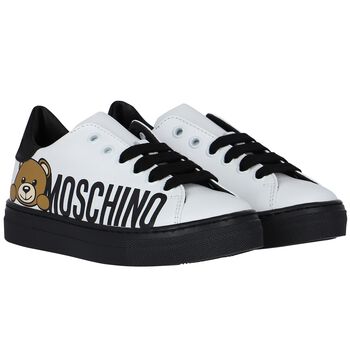 White & Black Logo Leather Trainers