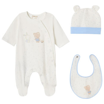 Boys Ivory & Blue Babygrow, Hat & Bib Set