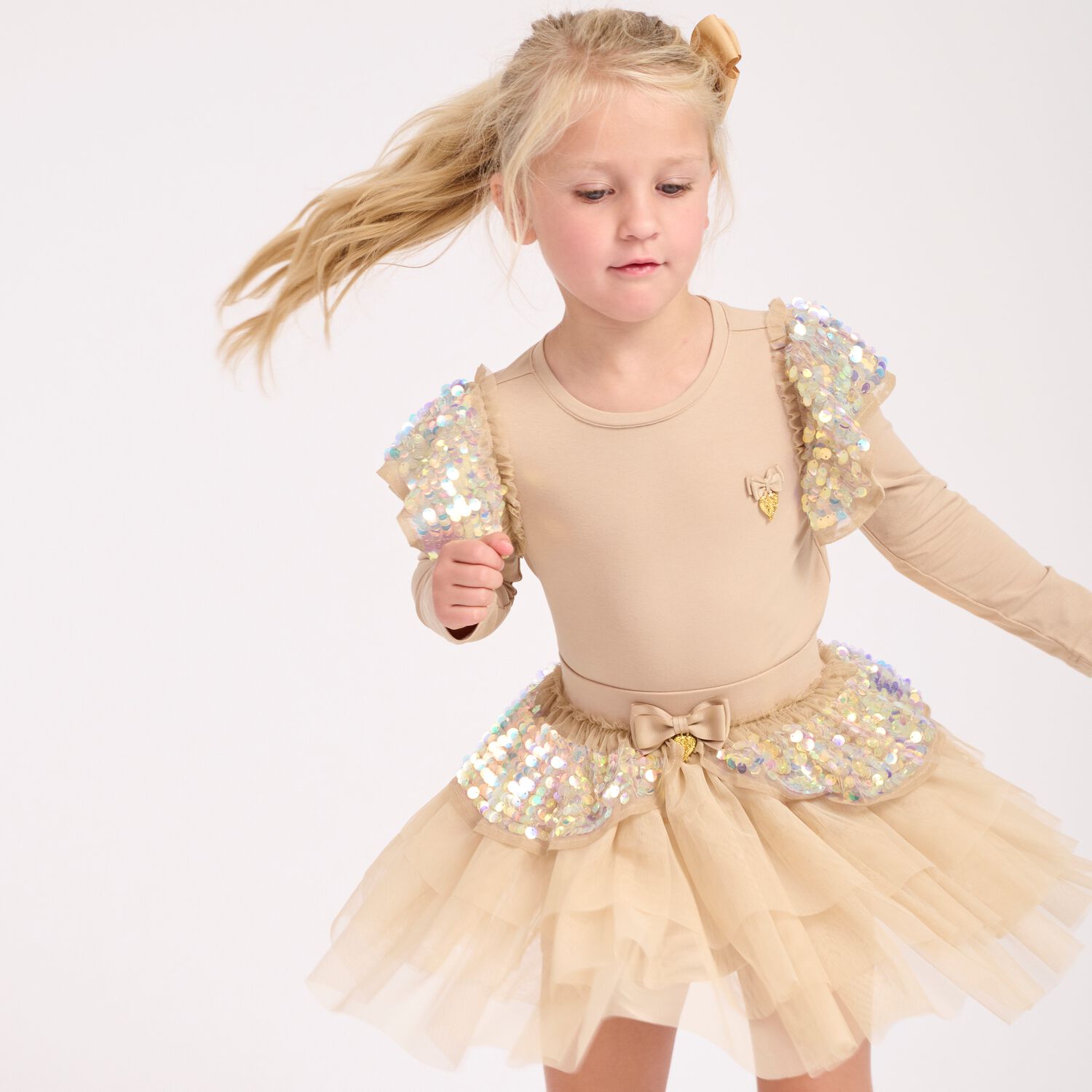 Girls Beige Sequin Tulle Skirt, 3, hi-res image number null