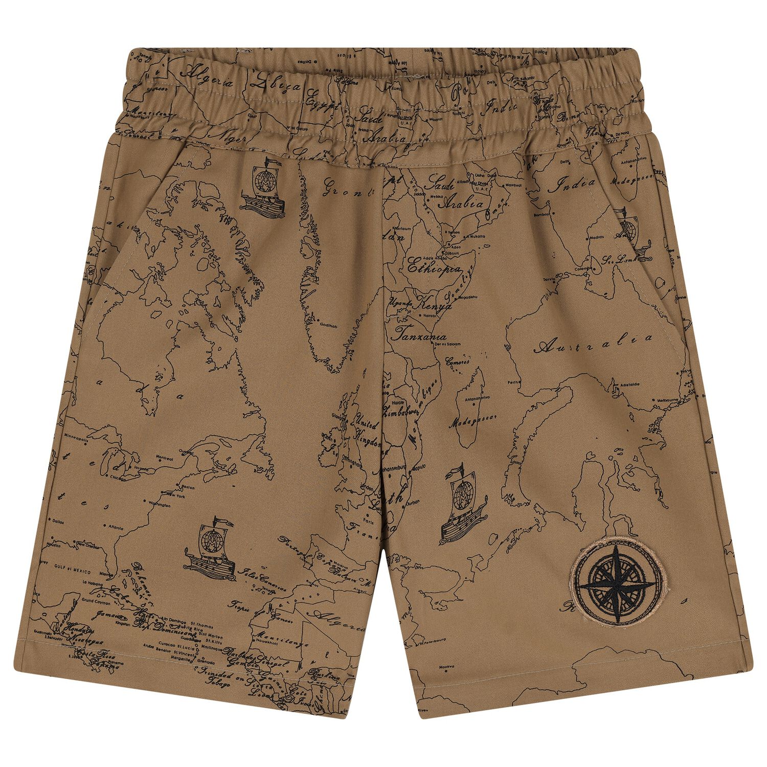 Boys Beige Compass Geo Map Shorts, 1, hi-res