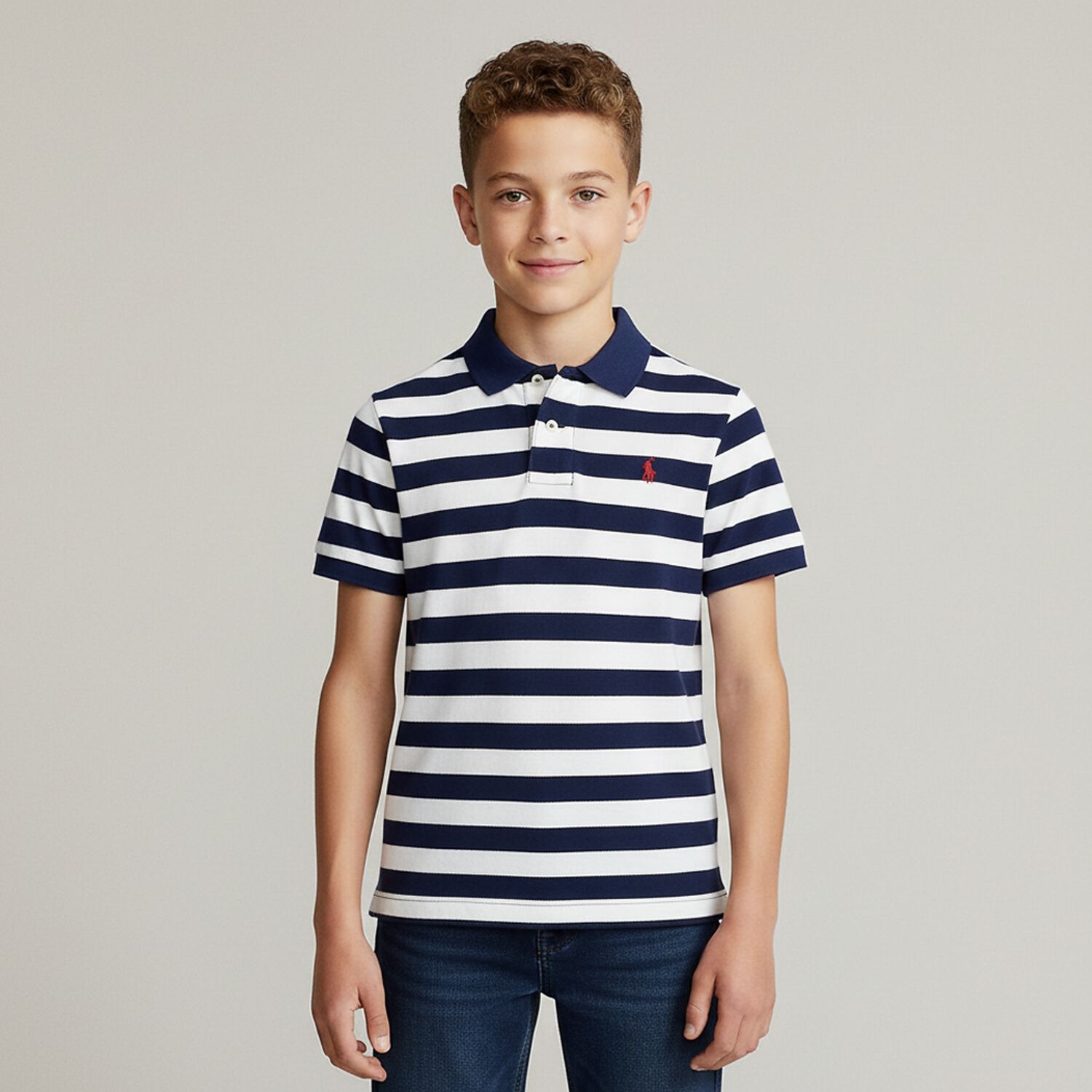 Boys Navy & White Striped Logo Polo Shirt, 1, hi-res