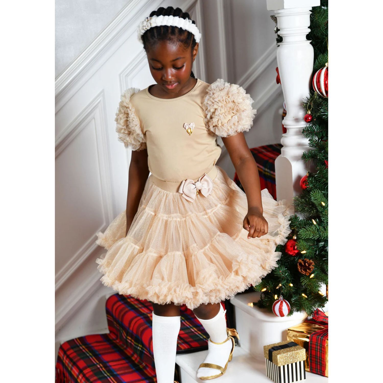 Girls Beige & Gold Tule Skirt, 14, hi-res image number null
