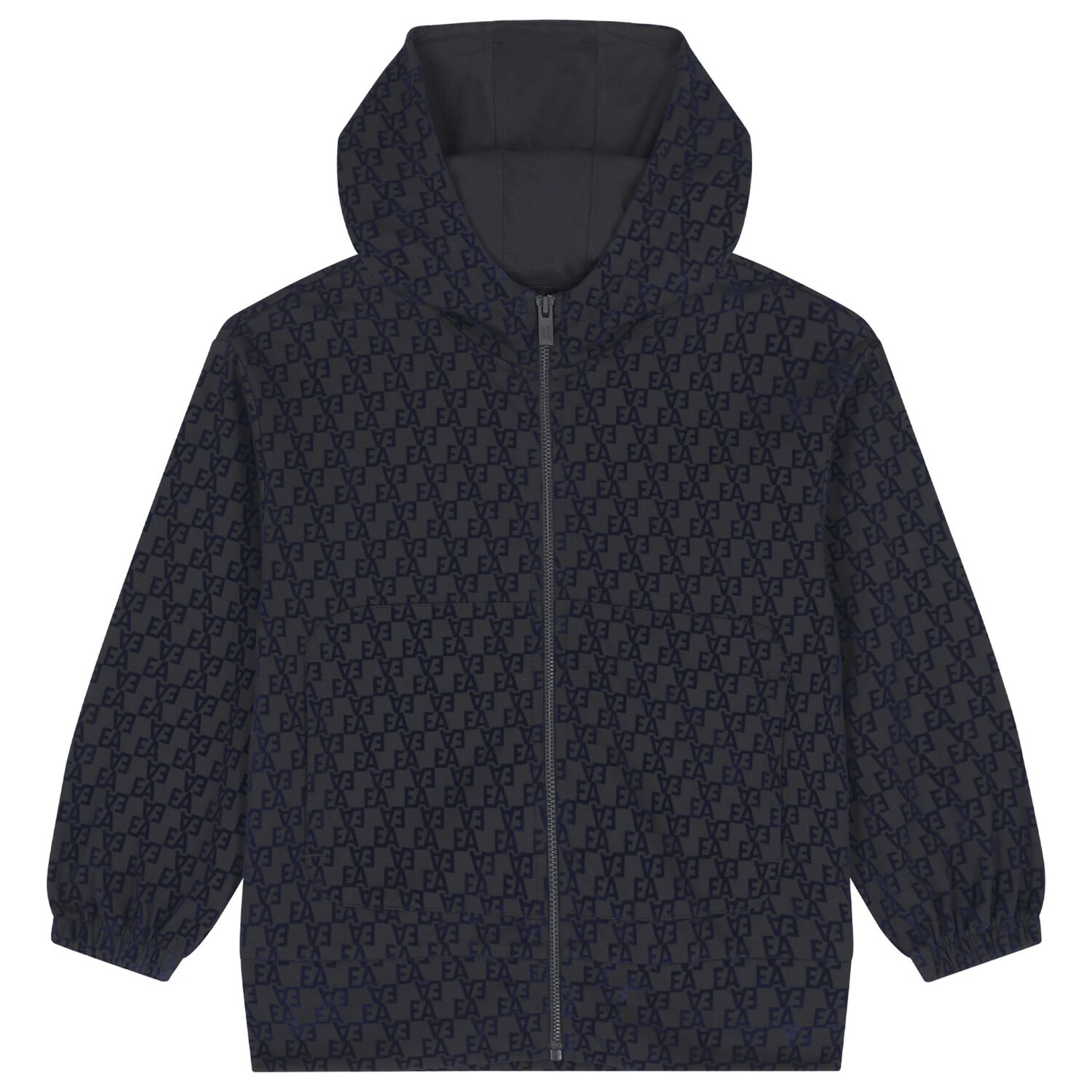 Boys Black & Navy Blue Logo Hooded Zip Up Top, 1, hi-res