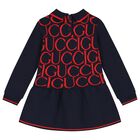 Younger Girls Navy Blue & Red Jacquard Dress, 1, hi-res