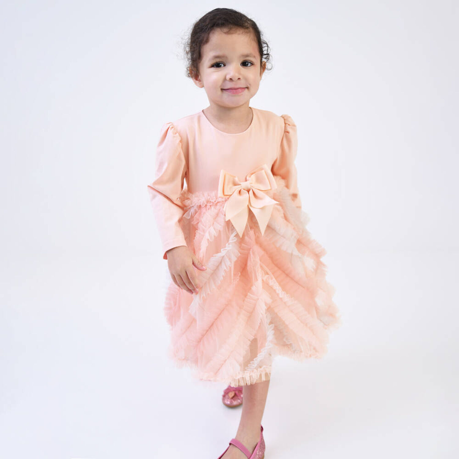 Baby Girls Pink Bow Tulle Dress, 1, hi-res